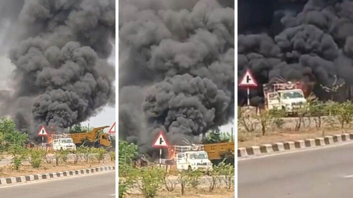 रायपुर में रोड मार्किंग मशीन में आग और विस्फोट, चालक की सूझबूझ ने टाला बड़ा हादसा