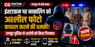 CG News: इंस्टाग्राम पर नाबालिग को अश्लील फोटो वायरल करने की धमकी, रायपुर पुलिस ने आरोपी को किया गिरफ्तार