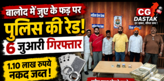 बालोद में जुए के फड़ पर पुलिस की रेड, 6 जुआरी गिरफ्तार; 1.10 लाख रुपये नकद जब्त
