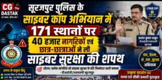 सूरजपुर पुलिस के साइबर कॉप अभियान में 171 स्थानों पर 40 हजार नागरिकों एवं छात्र-छात्राओं ने ली साइबर सुरक्षा की शपथ।