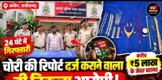 कांकेर: घर में चोरी की रिपोर्ट दर्ज कराने वाला ही निकला आरोपी, ₹5 लाख के जेवर बरामद
